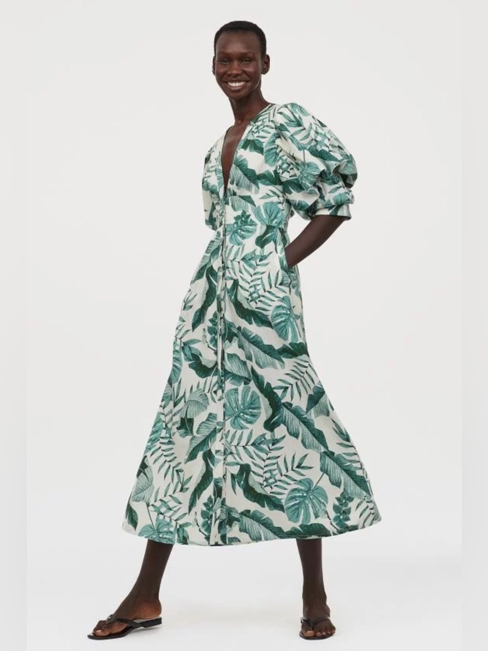 Johanna Ortiz x H&M Linen Blend Midi Dress Med Palm Tropical Garden Party NWT
